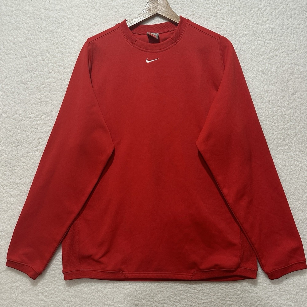 VTG Nike Sweatshirt Center Swoosh Red Thermal Fit Embroidered Mustang Soccer L